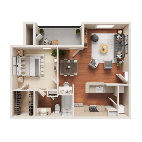 Floor plan for 1 bed, 1 bath, 776 sqft